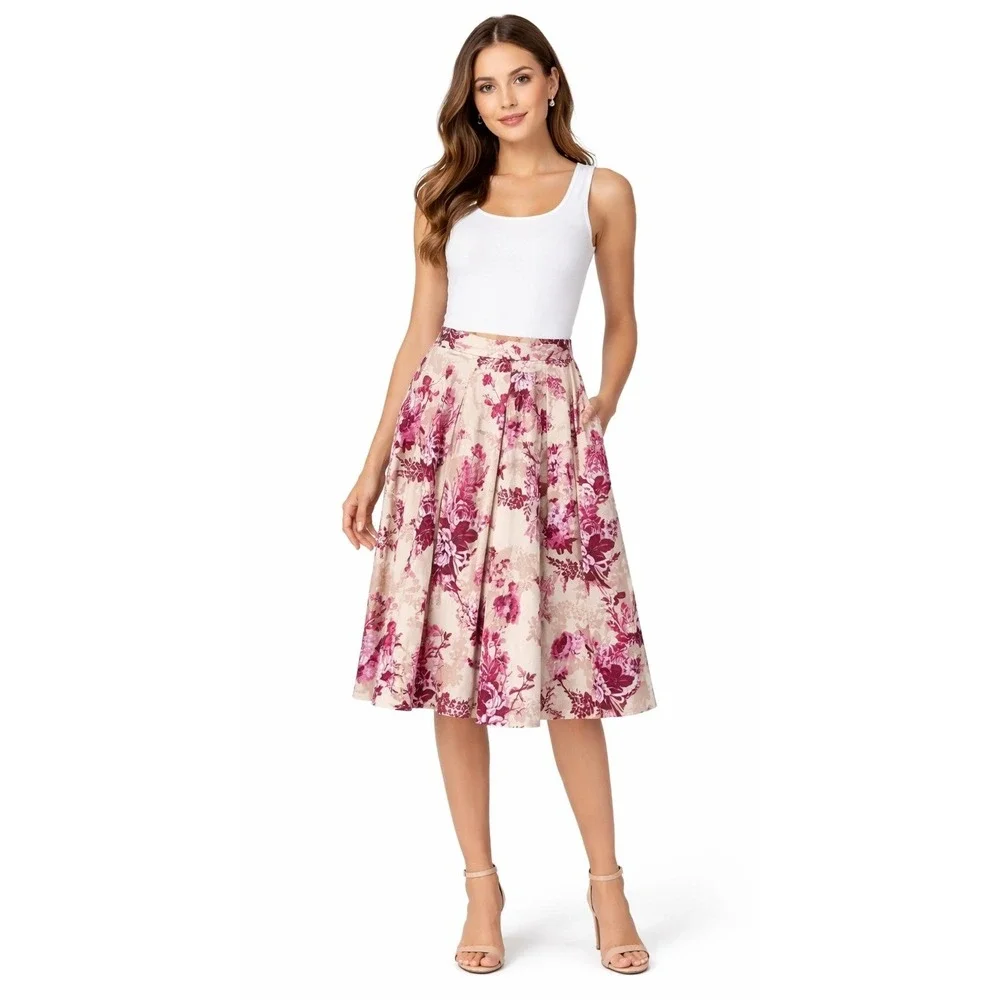 Alex Marie Floral Pleated‎ Midi Skirt Womens 10 Pink Burgundy Boho Cottagecore